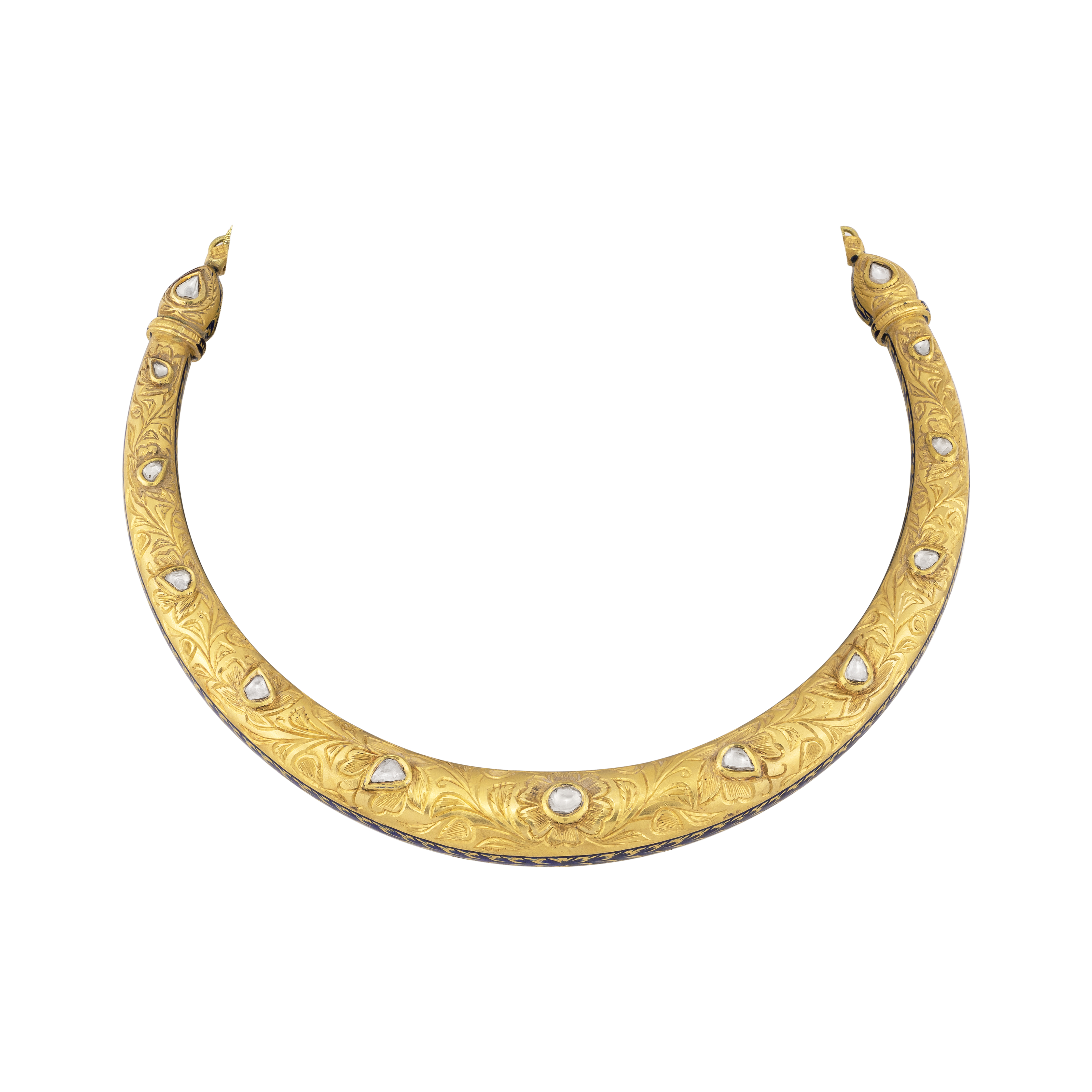 Floral Hasli with Uncut Polki & Red Enamel Detailing